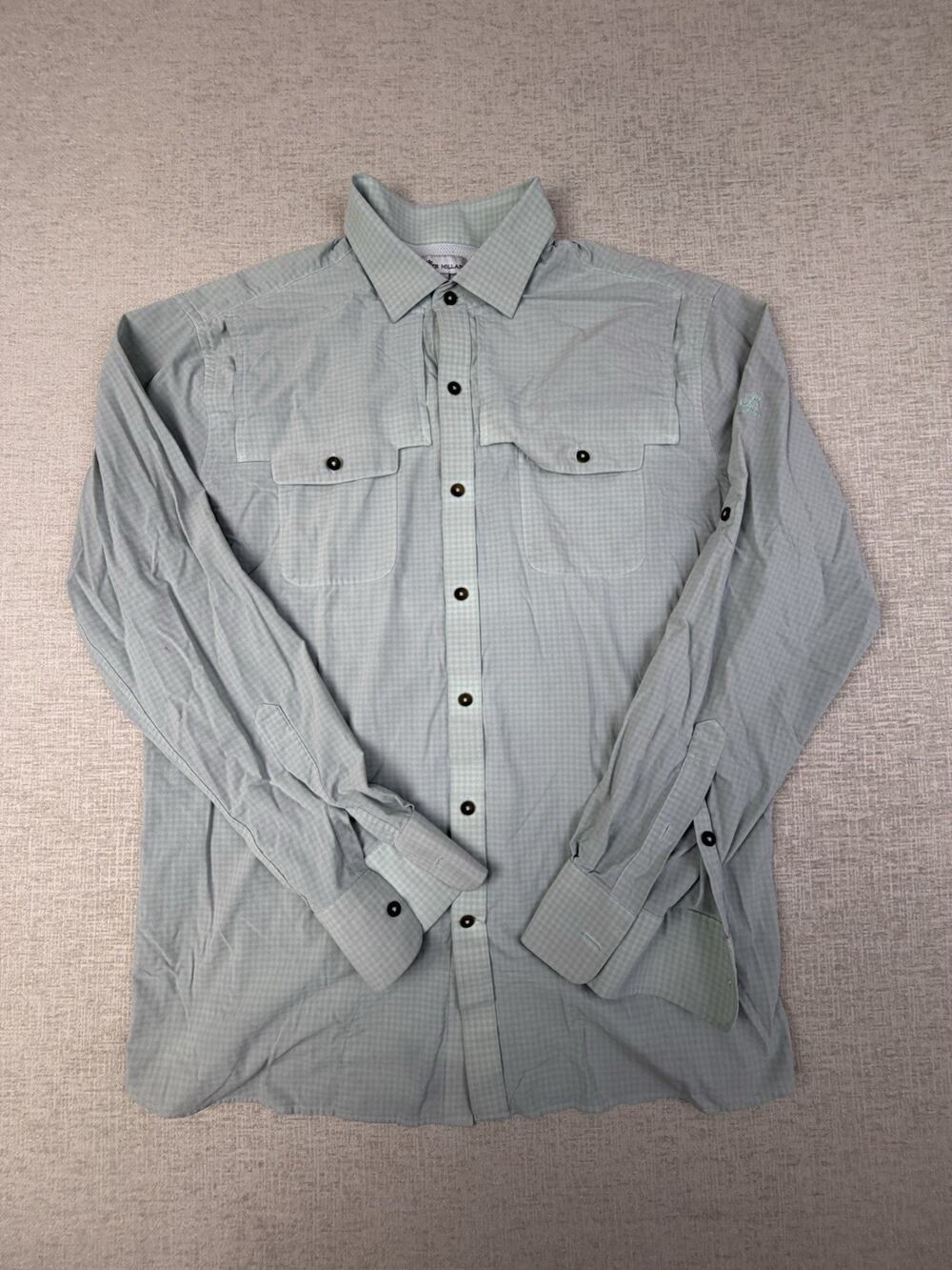 Peter Millar Men’s Large Green Gingham Fishing Shirt Vented Stretch Outdoor
